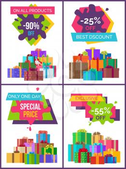Total sale on all products -90 off special price and best choice, big and fantastic offer only today, posters with decorated presents vector set