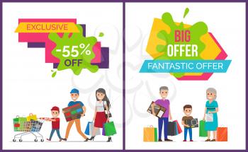 Exclusive sale fantastic offer promotion with happy families with purchases on white background. Vector illustration with sale advert and smiling people