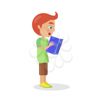 Profile of redhead boy with textbook reading interesting enciclopedia, vector illustration dedicated to International World Book and Copyright Day
