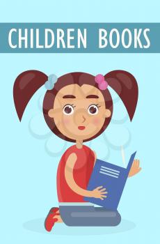Children books advertisment. Little cute girl with ponytails sits and holds book isolated vector illustration on blue background.
