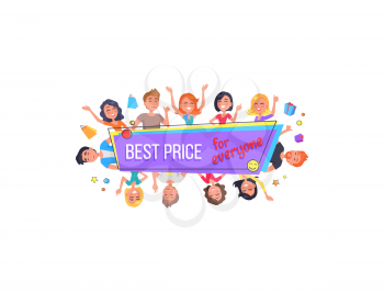 Best offer for everyone promotional poster surrounded by happy customers vector illustration isolated on white. People with shopping bags and presents