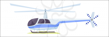 Fast modern blue and gray helicopter on white background vector illustration. It is one of types of rotorcraft in which lift and thrust are supplied by rotors. Aircraft has tail boom, cockpit engine