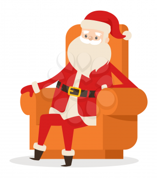 Sitting Santa Claus in orange big armchair on white background. He wears red warm coat, red trousers and hat with gloves, black boots and wide belt. Man has long thick white beard vector illustration