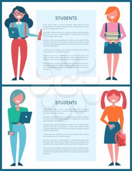 Students age description with four girls holding laptop and smartphone or books and plastic bottle. Vector illustration with students contains room for text