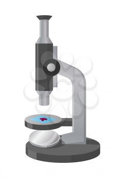 Modern microscope with small purple object on stage being investigated isolated vector illustration on white background, view from left