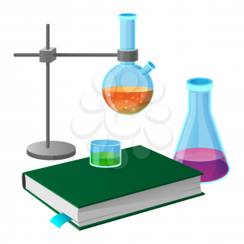 Textbook and chemistry tools isolated vector illustration on white. Erlenmeyer and round-bottomed laboratory flasks with liquid in cartoon style