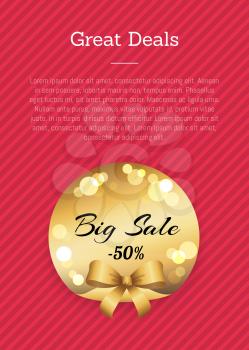 Great deals golden label with round blurred elements vector illustration with gold bow isolated on poster on pink background, place for text