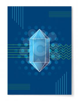 Blue diamond 3D shape on abstract background with dots and lines vector illustration poster. Banner with geometric figures, scientific backdrop