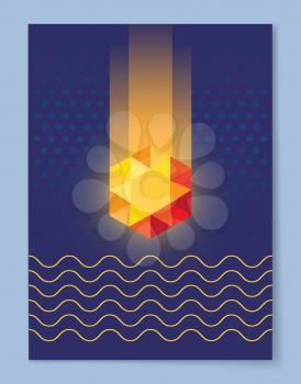 Cosmic gemstone golden crystal on blue background with dots wavy lines vector illustration poster. Cover design with precious stone abstract figures