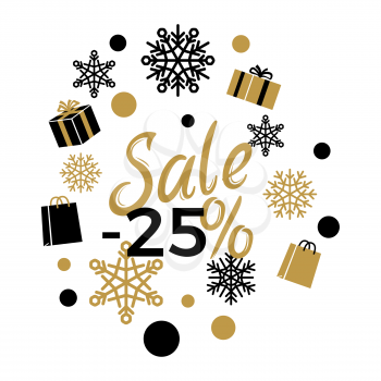 Winter holidays discounts concept with snowflakes, gifts, shopping bags in black and gold colors with lettering on white. Christmas and New Year sale logo with gilded elements for seasonal promotions