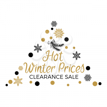 Hot winter prices clearance sale with triangular shape label with snowflakes and round silver and golden dots. Christmas bow with pine branches isolated vector illustration sale discount concept