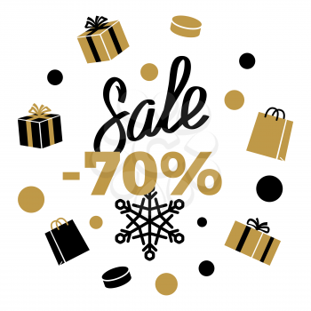 70 Sale Winter Discount sign on white background with black and gold present boxes, shopping bags, different shaped dots and snowflake. Isolated vector illustration of advertising sale poster.