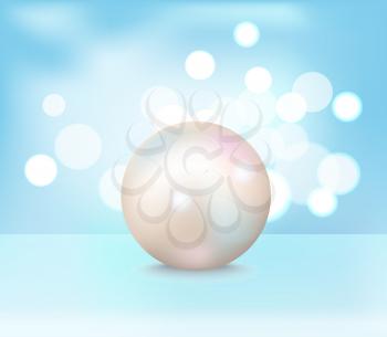 Huge white shiny pearl on blue glossy surface surrounded by blurred distant lights. Vector illustration with jewelry on light background