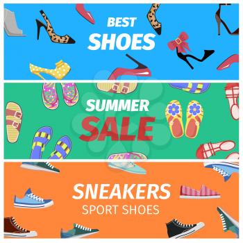 Best summer sale of sneakers sport shoes set of colorful banners. Footwear shopping concept. Buy elegant stilettos, comfortable sneakers, summer flip-flops with discount vector illustration.
