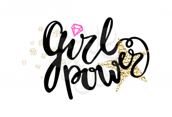 Girl power colorful graffiti with decorative diamonds, stars and rhinestones. Vector illustration with drawing fulfilled in beautiful fonts on white background