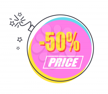 50 sale promo sticker in shape of bright lighted bomb vector illustration. Short-period action with half price for all purchases commercial logotype.