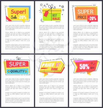 Super sale -20 and quality, best price, stickers with stars and bows, labels and explanatory text below each badge isolated on vector illustration
