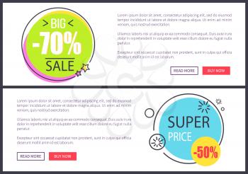 Super price Internet sale sign inside bright bubbles with small stars web page template with sample text and buttons vector illustrations set.