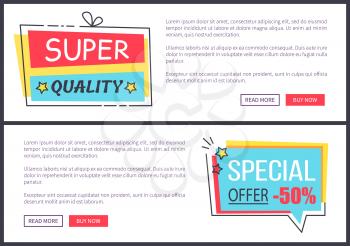 Super quality and special offer, two web pages with information, stickers with stars and buttons below text, vector illustration isolated on white