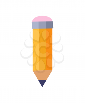 Yellow pencil with eraser on its top on white background. Light falls on pencil from the left side on vector illustration, sharp writing tool
