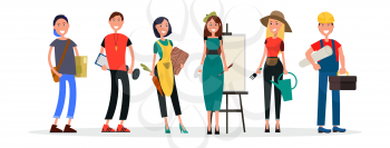 Vector illustration of painter near easel, physical teacher with dumbbell, housewife with carrot, student and builder, gardener with watering can.
