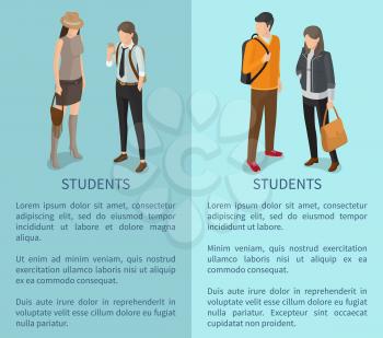 Students collection of posters with text depicting young adults. Isolated vector illustration of dark-haired man and casually-dressed slim women