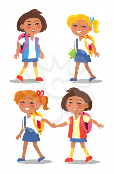 Set of schoolgirls first year pupils with backpacks isolated on white background. Smiling female kids in school uniform vector illustrations