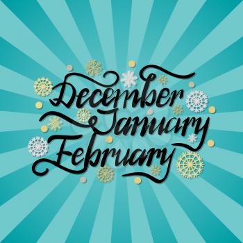 December january february winter months inscription on background of golden and silver snowflakes and snowballs vector illustration on blue rays