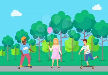 Boys with skateboard and scooter, girl holding balloon, teenagers in casual clothes playing in park near trees, children activity outdoor, healthy vector