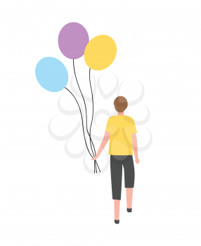 Guy with bunch of air balloons isolated cartoon character. Vector teenage boy with inflatable balls on rope, back view of person in yellow sweater