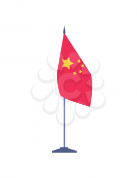 China flag on stick on white, patriotic element, international decoration, asian banner with stars, sign of country, presentation of state, national vector