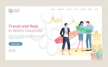 Travel and rest in warm countries, couple standing with map, person in suit holding surf, full length view of people, holiday tour online vector. Website or webpage template, landing page flat style