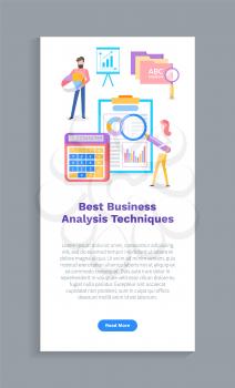 Business analysis techniques vector, clipboard with data of project. Calculator with numeric info, table with infographics, people optimizing company