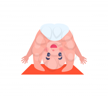 Cheerful newborn baby in diapers stands in funny pose on small soft red rug with happy face isolated cartoon vector illustration on white background.