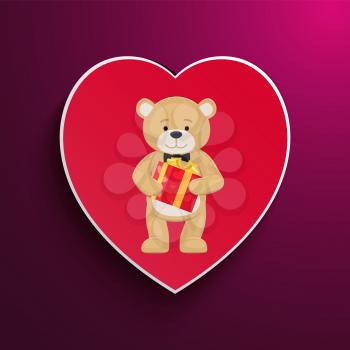 Teddy toy with black bow holds present box in paws vector illustration greeting card design with cartoon bear character isolated in heart frame