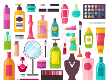Make up collection of items including, perfumes and mirror, sprays and gels, brushes and mascara, vector illustration isolated on white background