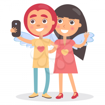 Boy and girl couple with wings on back, making selfie photo together, vector illustration greeting card design in Valentine s Day concept, isolated