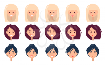 Three women s portraits with different emotions vector illustration with faces of blondes and brunettes isolated on white background, varied hairstyles