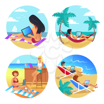Business summer, beach set, people working at seaside using laptops, busy women enjoying view and relaxation, vector illustration isolated on white