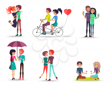 Concept of happy lovely girl and boy together vector illustration. Couples in love keeps color ice cream, glasses with wine, lilac umbrella.