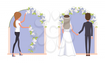 Woman decorating wedding arc, groom and bride wearing long white dress and veil standing beneath flowers set vector illustration isolated on white