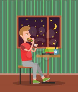Eating tasty burger man in pretty flat, vector illustration, window with stars and moon brown furniture black devices, bottle with soda and coffee cup
