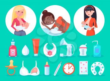 Items and breastfeeding moms, circled images and children, tubes and bib, container and special bra, cock and thermometer, set vector illustration