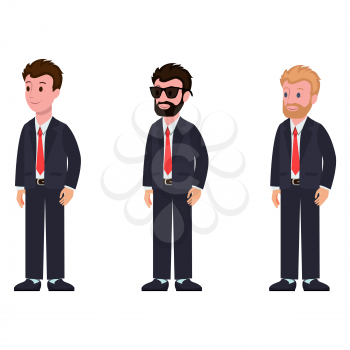 Cartoon characters in classic suit and tie side view, with different hairstyle and color, with beard and glasses vector illustration isolated on white