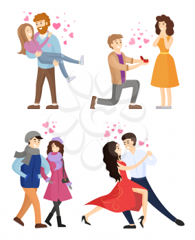 Set of couples in love hugging, dancing tango, giving presents and walking in warm winter cloth vector illustration cartoon characters in Valentines day