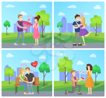 Man presenting luxury bouquet of flowers to woman, couple hugging on wooden bench, boyfriend makes proposal to girlfriend vector illustration of dating