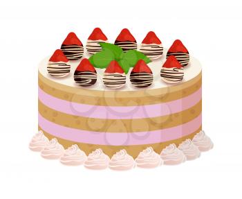 Tasty cake with sweet glaze between soft biscuit corns decorated with ripe strawberries and sweet raspberries vector illustration.