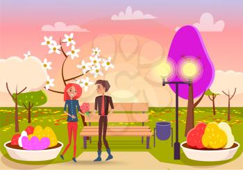 Young boy gives bouquet of flowers to cute girl at spring vector illustration. Walks at the nature concept, dating couple