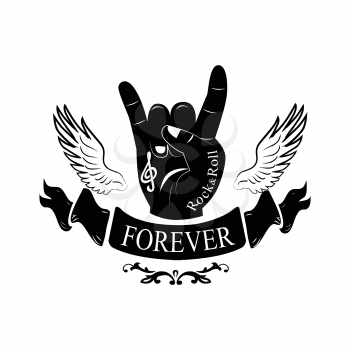 Forever title on black ribbon, hand gesture with typical horns sign and wings with decorative element vector illustration isolated on white