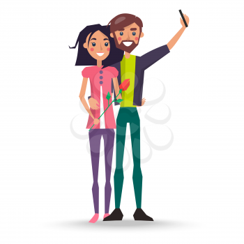 Couple in love man and woman vector illustration isolated on white. Caucasian female with rose flower in hands and male makes selfie